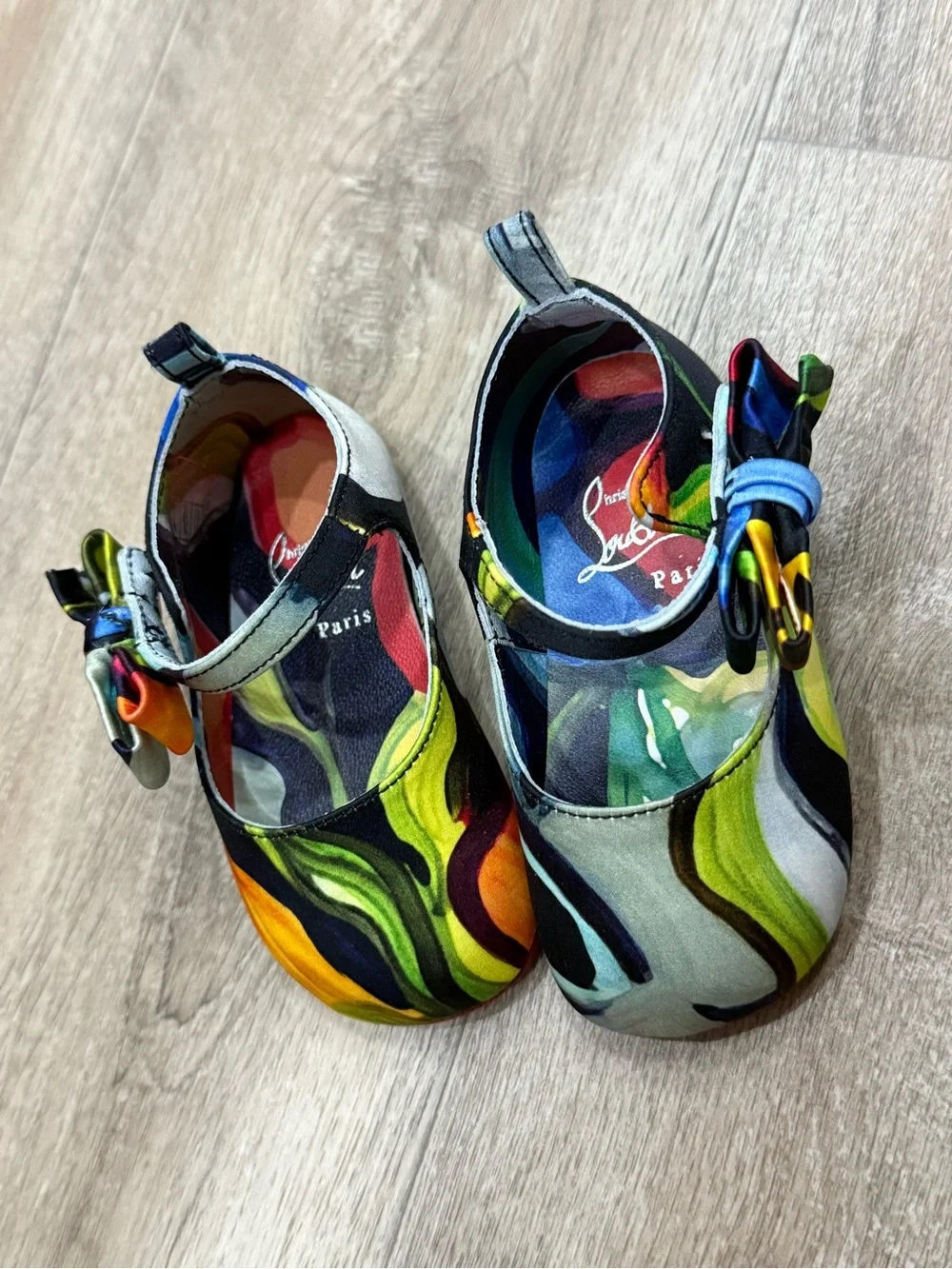 Brand NEW Christian Louboutin Kids Swirl Print Mary Jane Shoes Green, Yellow